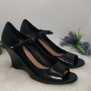 Franco Sarto        Black Leather Peep Toe Wedges